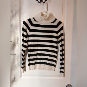 Suzy Shier Black and Cream Striped Turtleneck Sweater